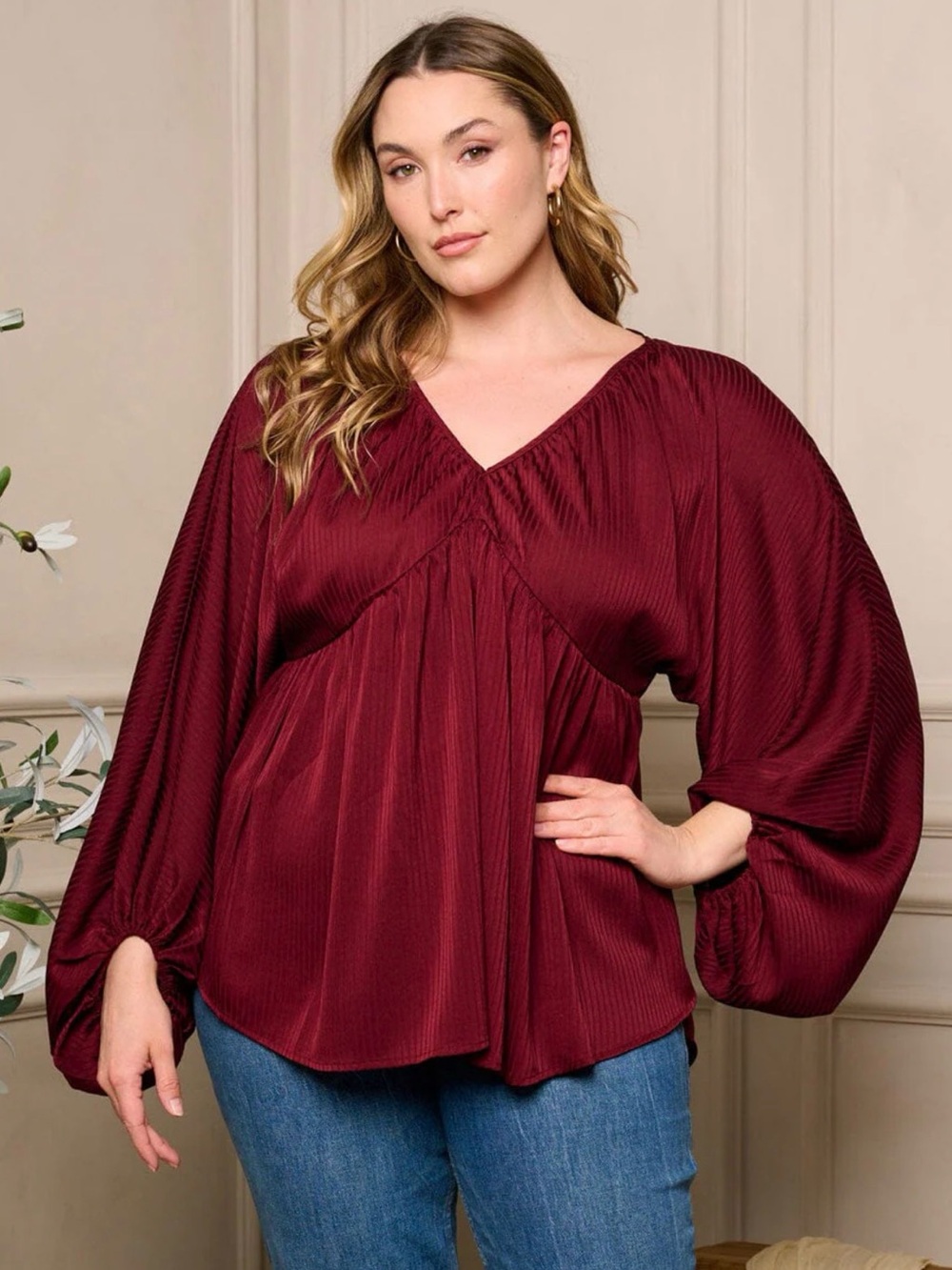 Women's Burgundy Peasant Blouse with Balloon Sleeves size S